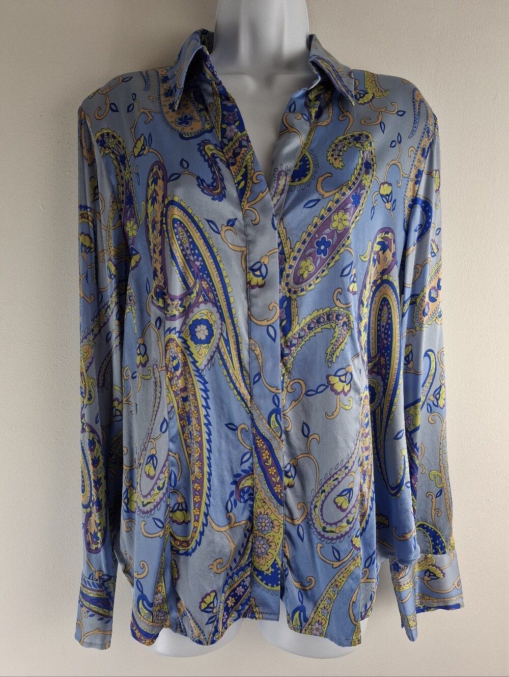 Vintage Talbots Silk spandex Blue Paisley Button Down Blouse Size 14